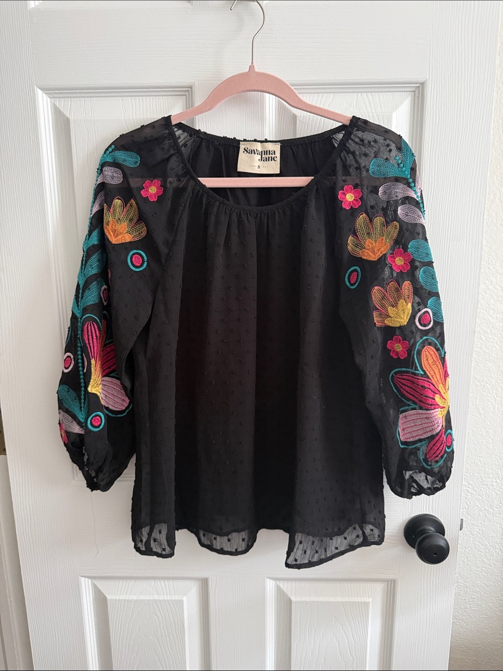 Savanna Jane Black Blouse with Multicolor Floral Embroidery